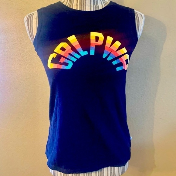 GAP Top XL Girls “GRL PWR” Rainbow Navy 100% Cotton Sleeveless Muscle Tee - Picture 1 of 16